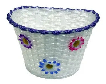 Plastic Girls White Woven Bicycle Basket with Lilac/Purple Top Strip & Three Small Flowers - 12-16" Bikes