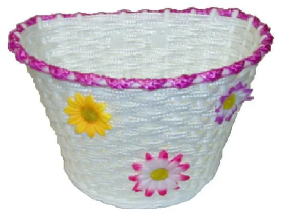 Plastic Girls White Woven Bicycle Basket with Magenta Top Strip & Three Small Flowers - 12-16" Bikes