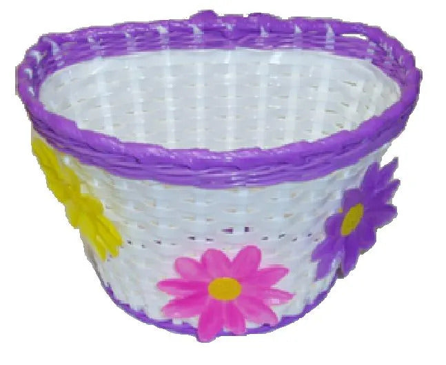 Plastic Girls White Bicycle Basket with Purple Strip & Three Large Flowers