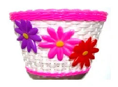 Plastic Girls White Bicycle Basket with Pink Strip & Three Large Flowers