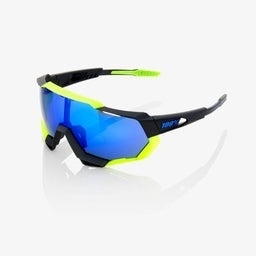 100% Speedtrap - Soft Tact Black/Neon Yellow - Electric Blue Mirror Lens