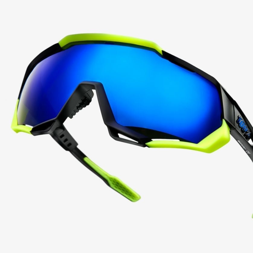 100% Speedtrap - Soft Tact Black/Neon Yellow - Electric Blue Mirror Lens