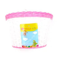Plastic Girls White Woven Bicycle Basket with Pink Top Strip & Three Large Flowers - 12-16" Bikes