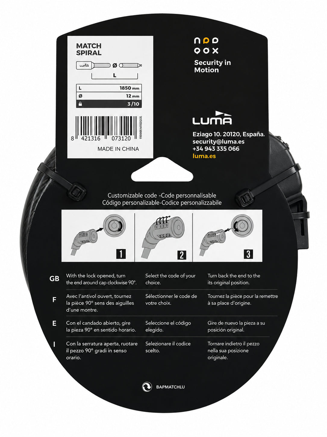 Luma Resettable Combination Cable Lock 12mm × 1800mm with Bracket – image 2
