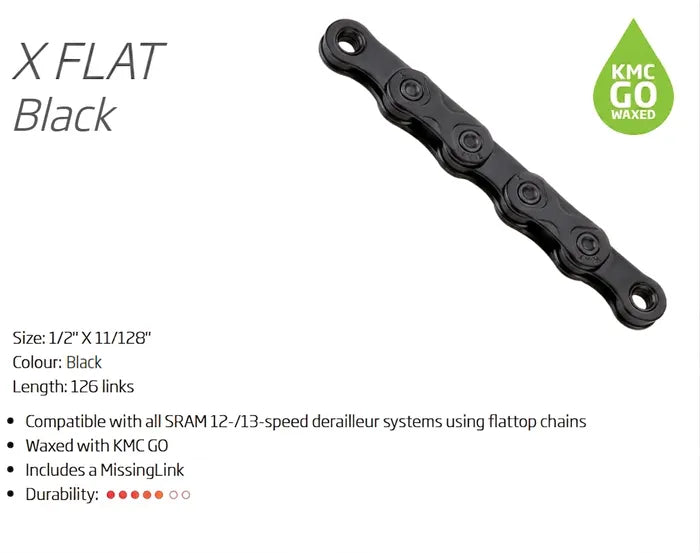 KMC X-FlatW Waxed Chain – SRAM Flat-Top 12/13-Speed – Black