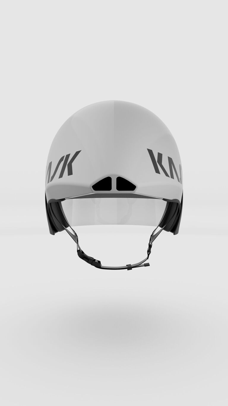 KASK Mistral 3.0 white helmet with clear visor, rear view