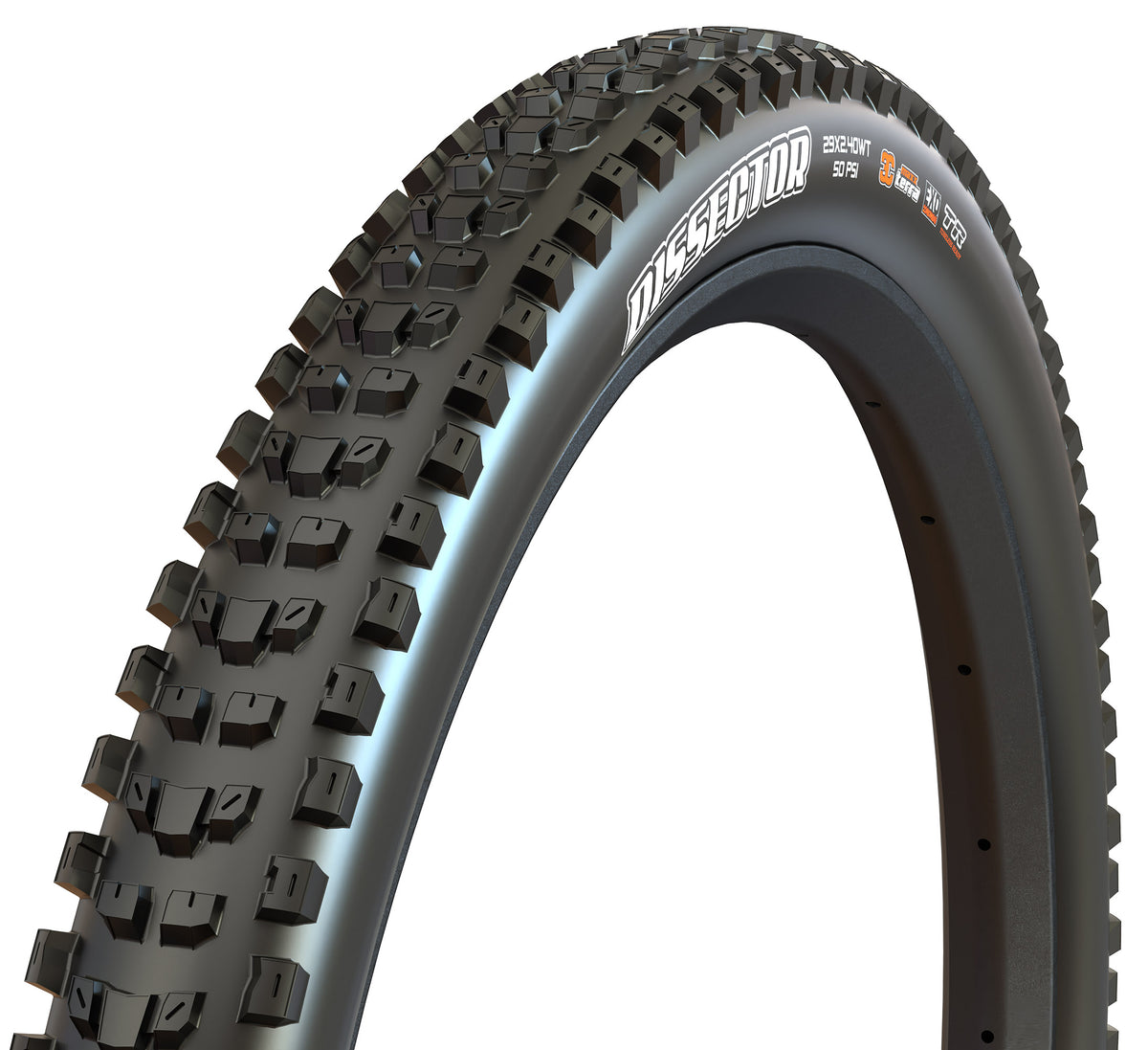 Maxxis Dissector black tyre – three-quarter view