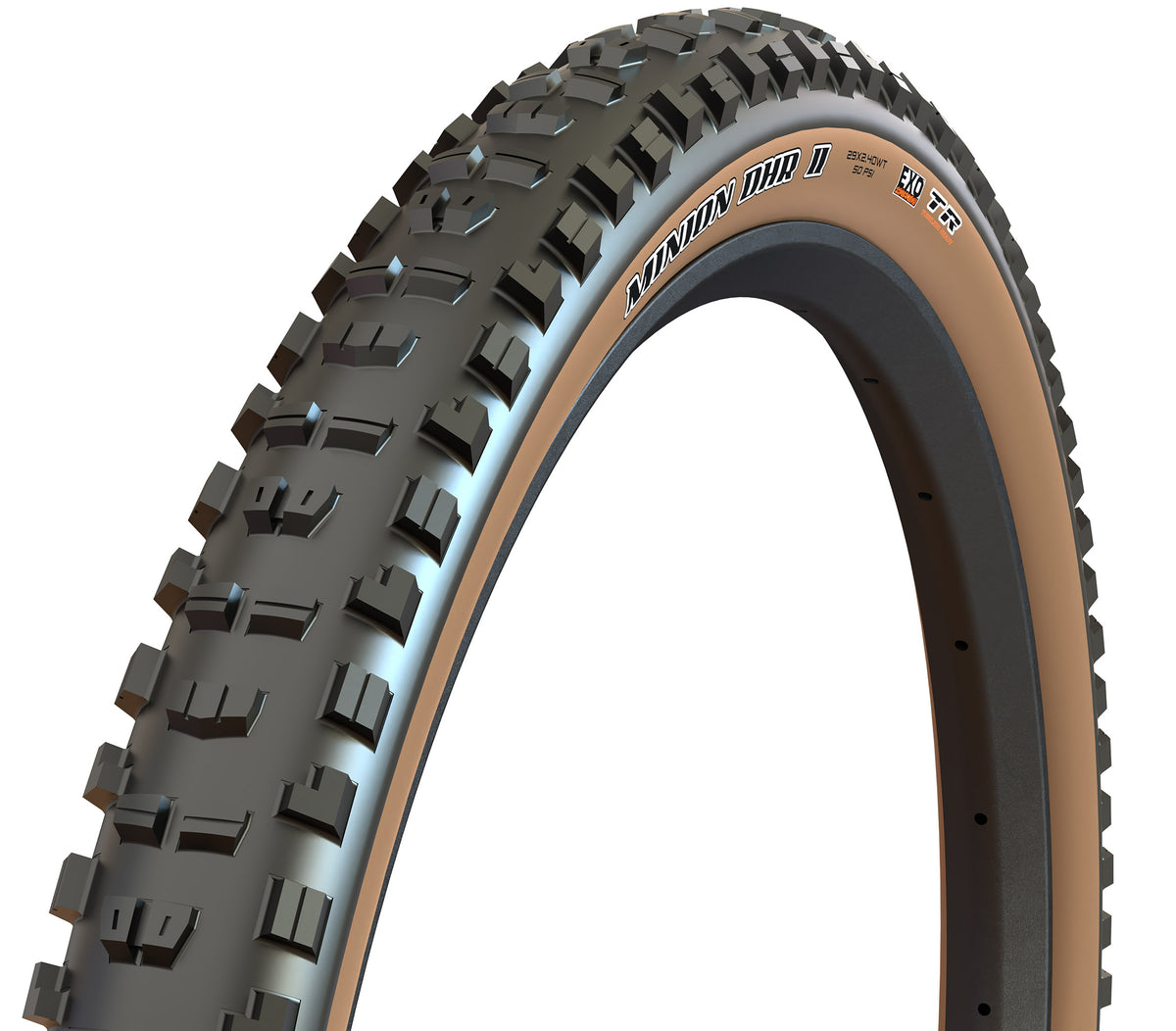 Maxxis Minion DHR II tanwall tyre on a white background