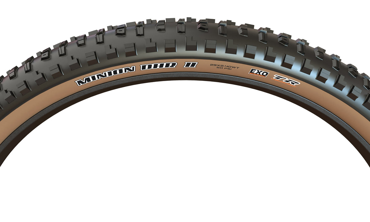 Maxxis Minion DHR II tanwall tyre sidewall and tread detail on a white background