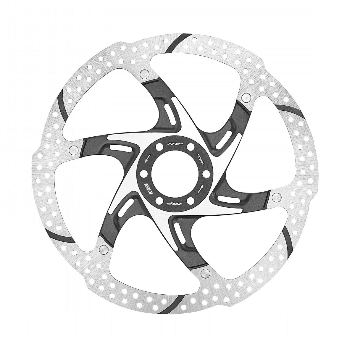 TRP TR33 203 mm 1.8 mm six bolt two-piece disc brake rotor, silver and black