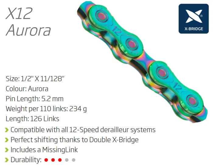 KMC X12 12 Speed Chain 126L - 1/2"x11/128" - X-Bridge - Aurora Green