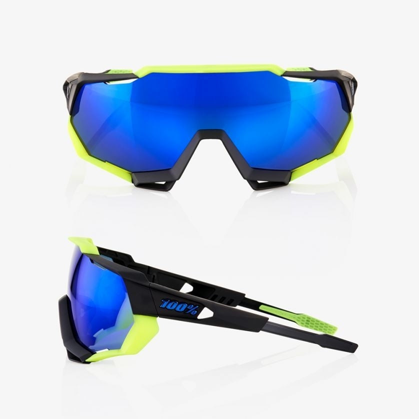 100% Speedtrap - Soft Tact Black/Neon Yellow - Electric Blue Mirror Lens