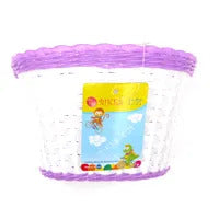 Plastic Girls White Woven Bicycle Basket with Lilac/Purple Top Strip & Three Large Flowers - 12-16" Bikes