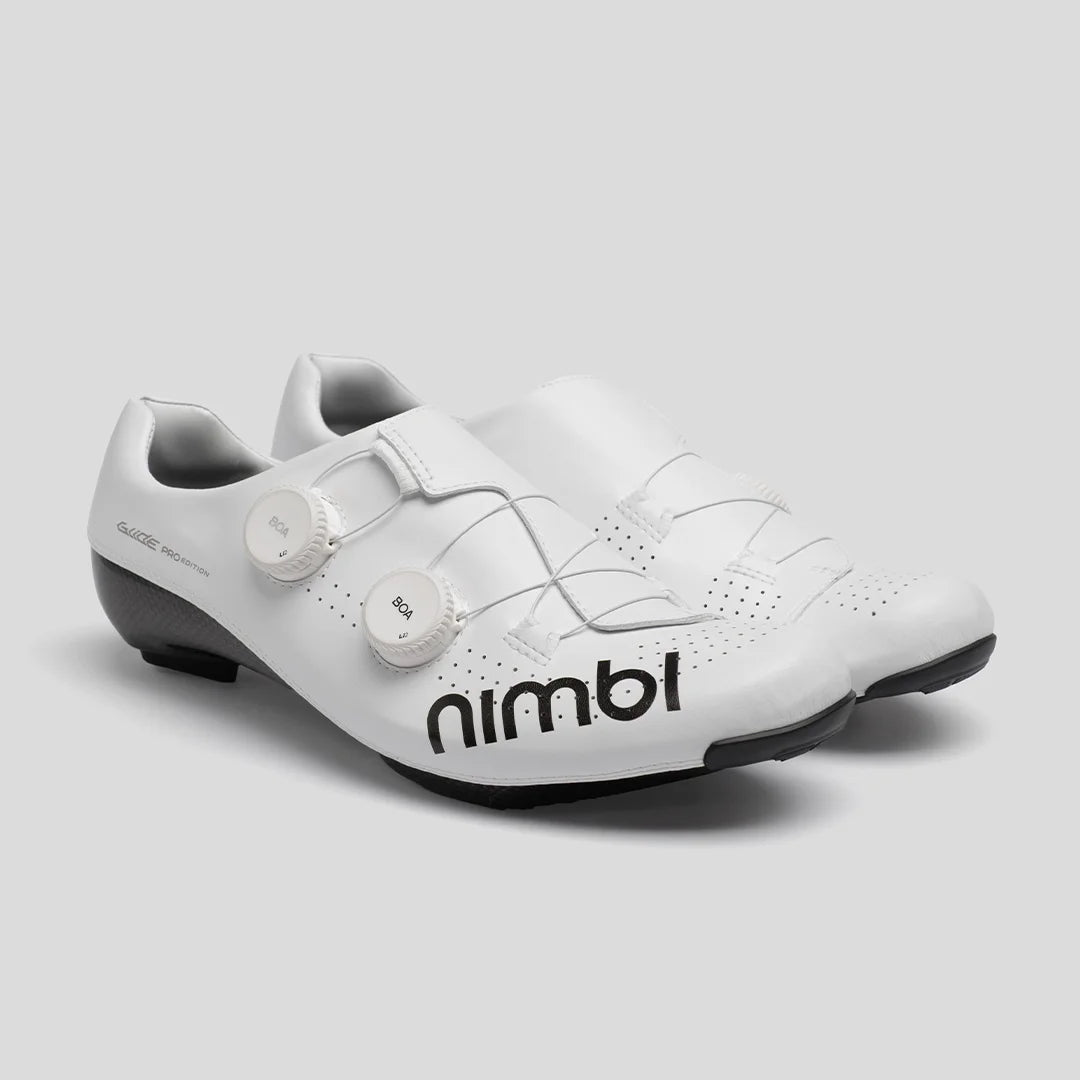 Pair of Nimbl Ultimate Glide Pro Edition road cycling shoes in White/Black