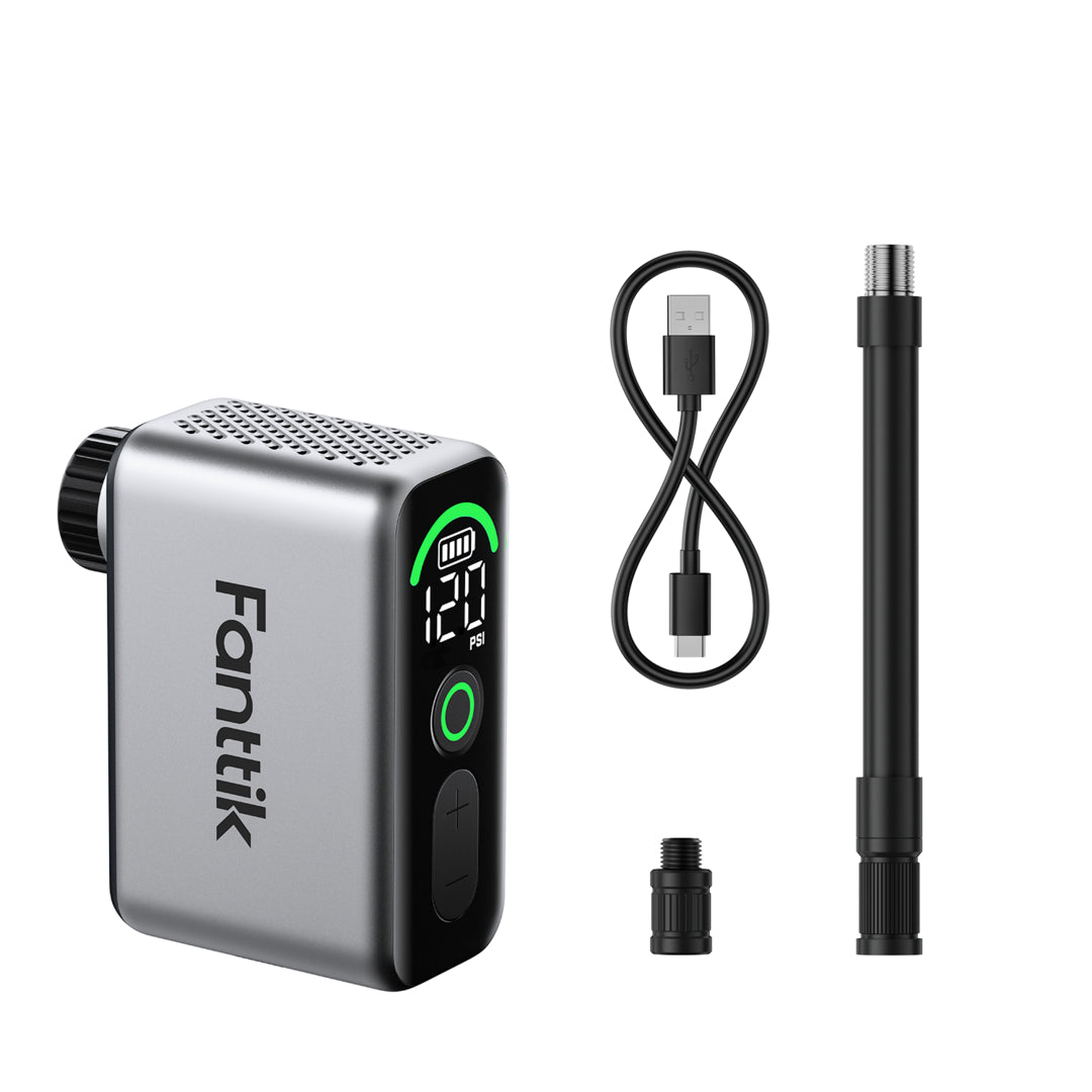 Fanttik X10 Ace Tiny electric bike pump with included accessories