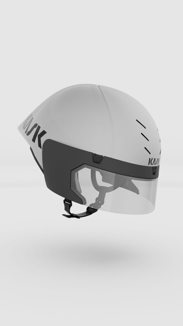 KASK Mistral 3.0 white helmet with clear visor, front three-quarter view