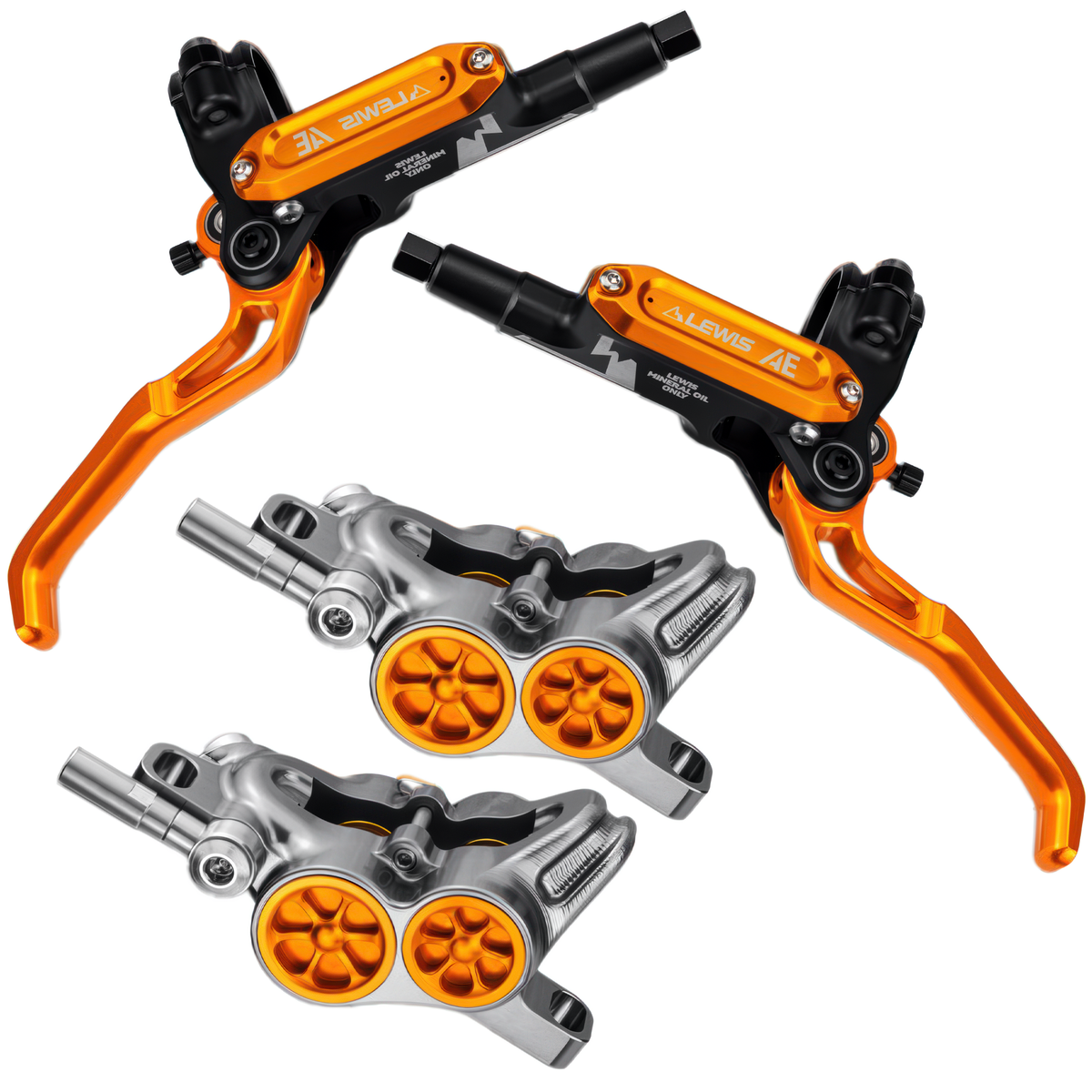 Lewis AE four-piston hydraulic disc brake kit in orange