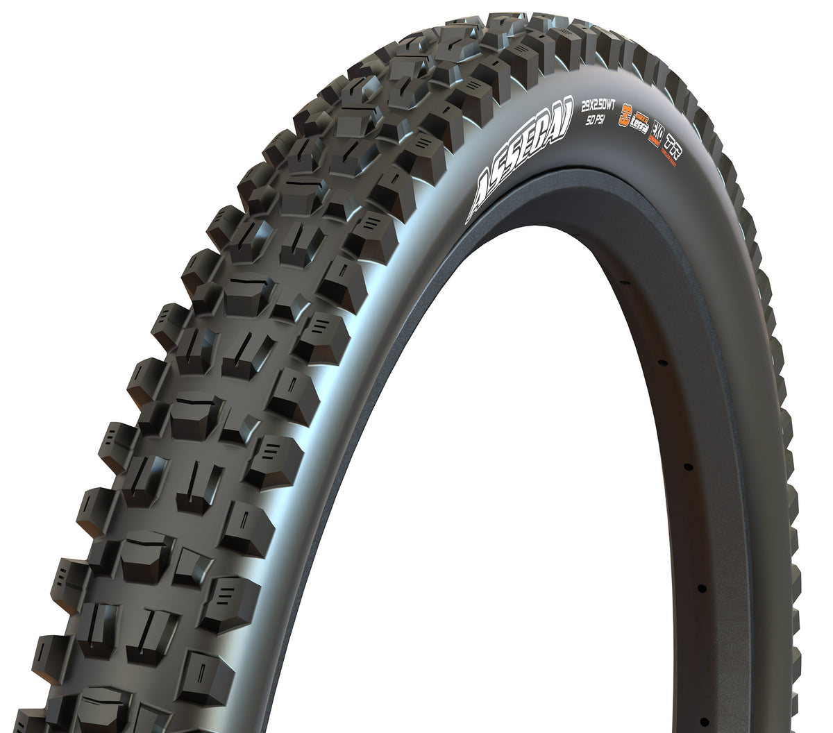 Maxxis Assegai black tyre – three-quarter view