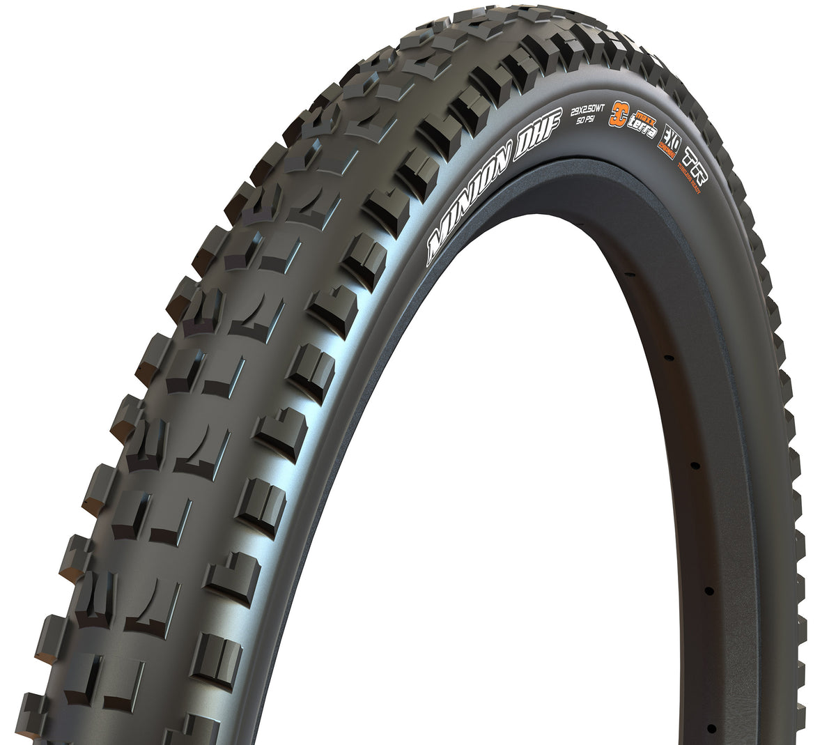 Maxxis Minion DHF black tyre – three-quarter view