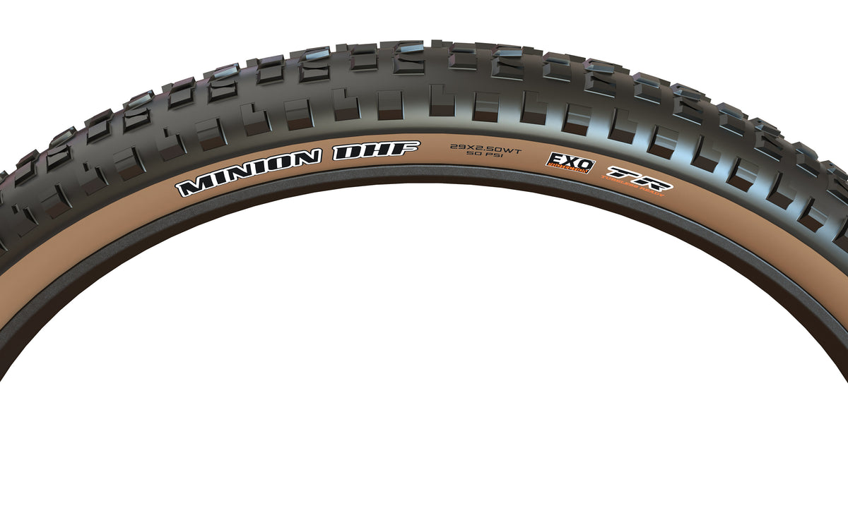 Maxxis Minion DHF tanwall tyre – sidewall and tread detail