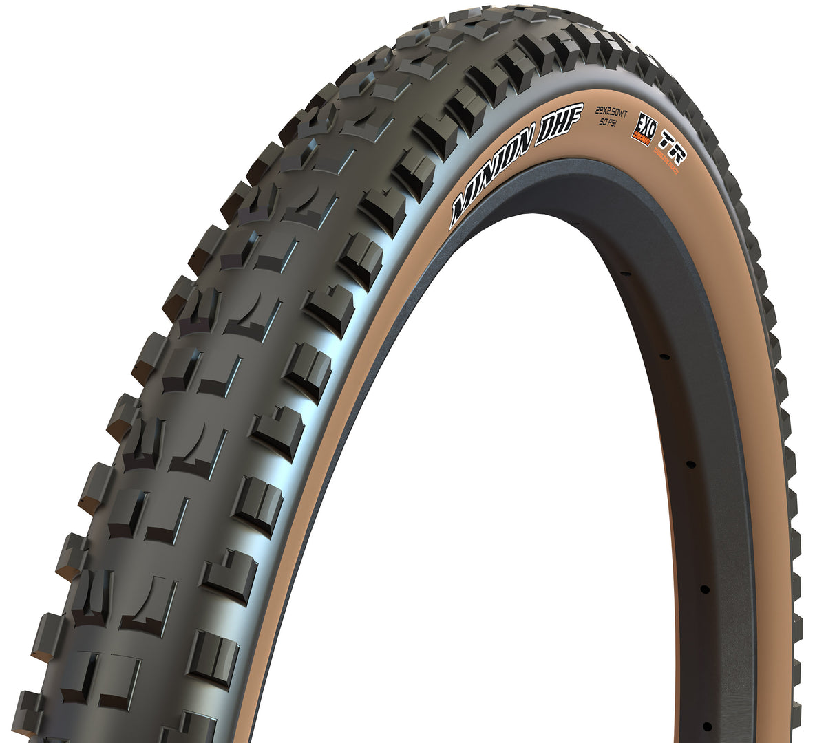 Maxxis Minion DHF tanwall tyre – three-quarter view