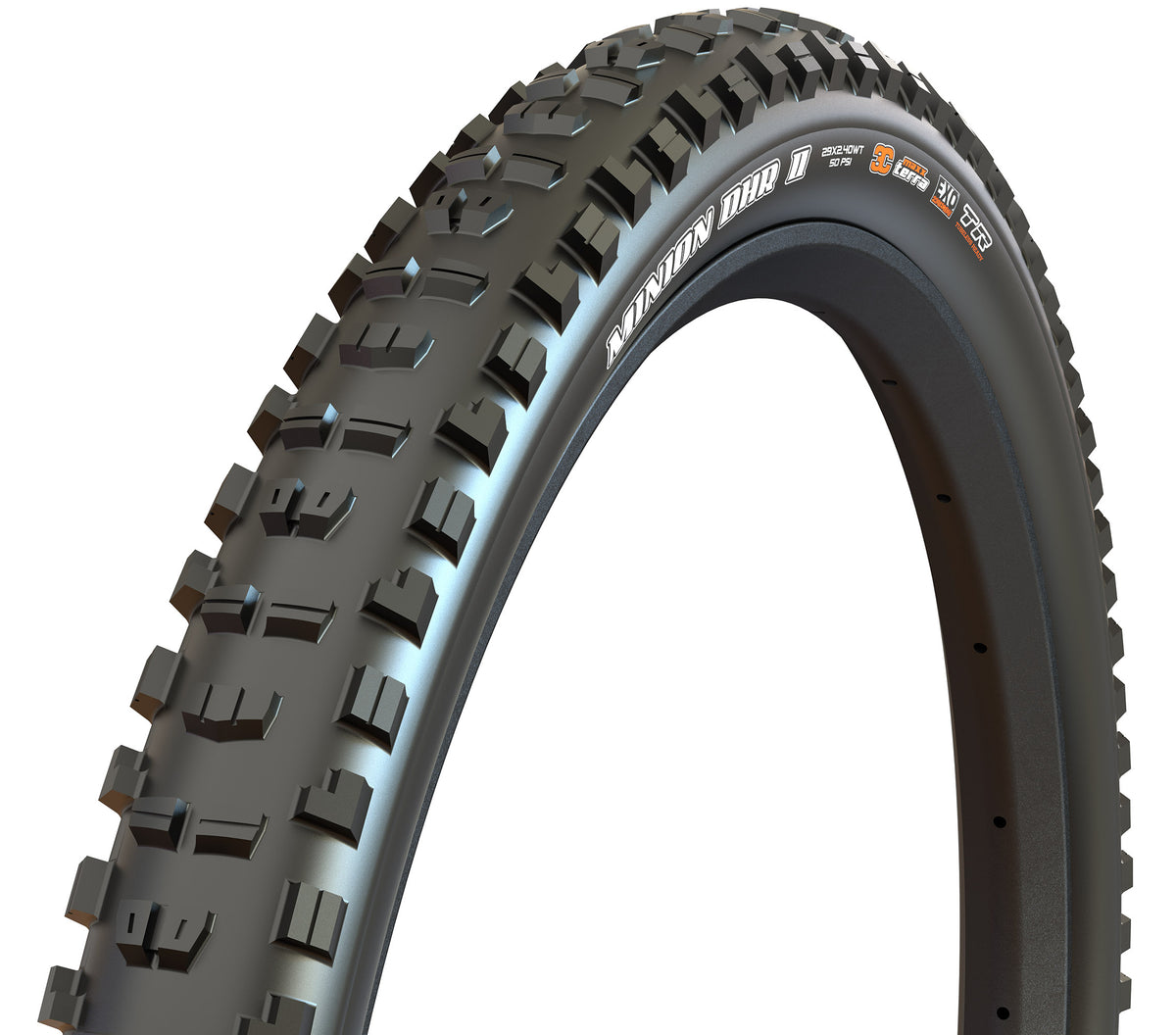 Maxxis Minion DHR II black tyre on a white background