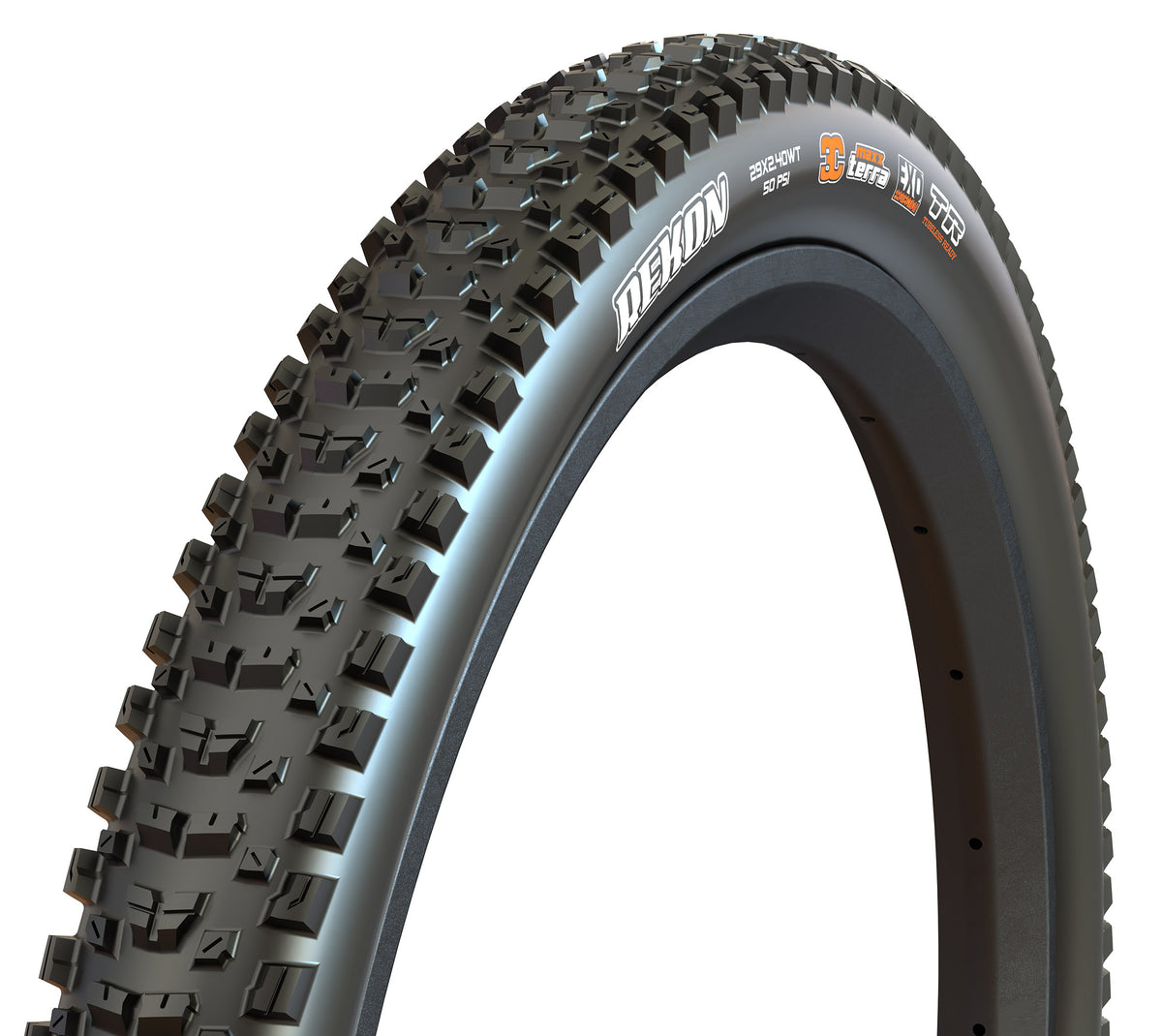 Maxxis Rekon black tyre – three-quarter view