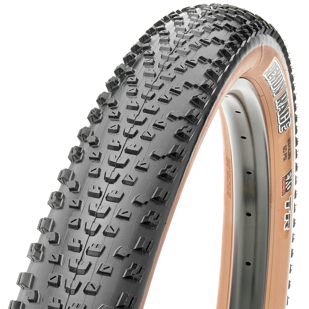 Maxxis Rekon Race dark tanwall tyre – three-quarter view