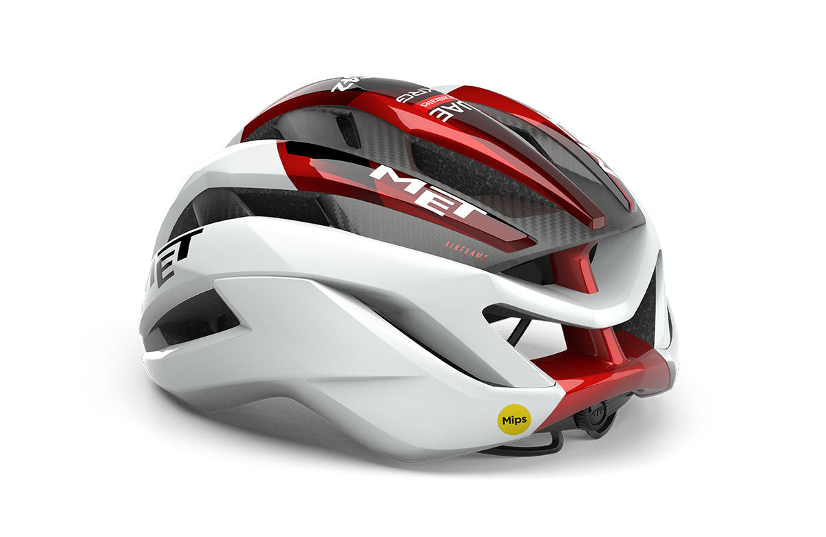 2026 MET Trenta 3K Carbon UAE Team Emirates XRG helmet, rear three-quarter view showing rear vents and red, black and white team graphics