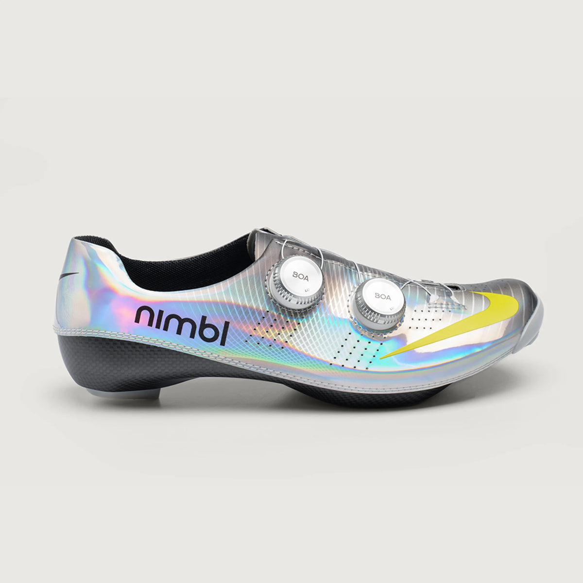 Side view showing the iridescent upper, two BOA dials and yellow Nike Swoosh