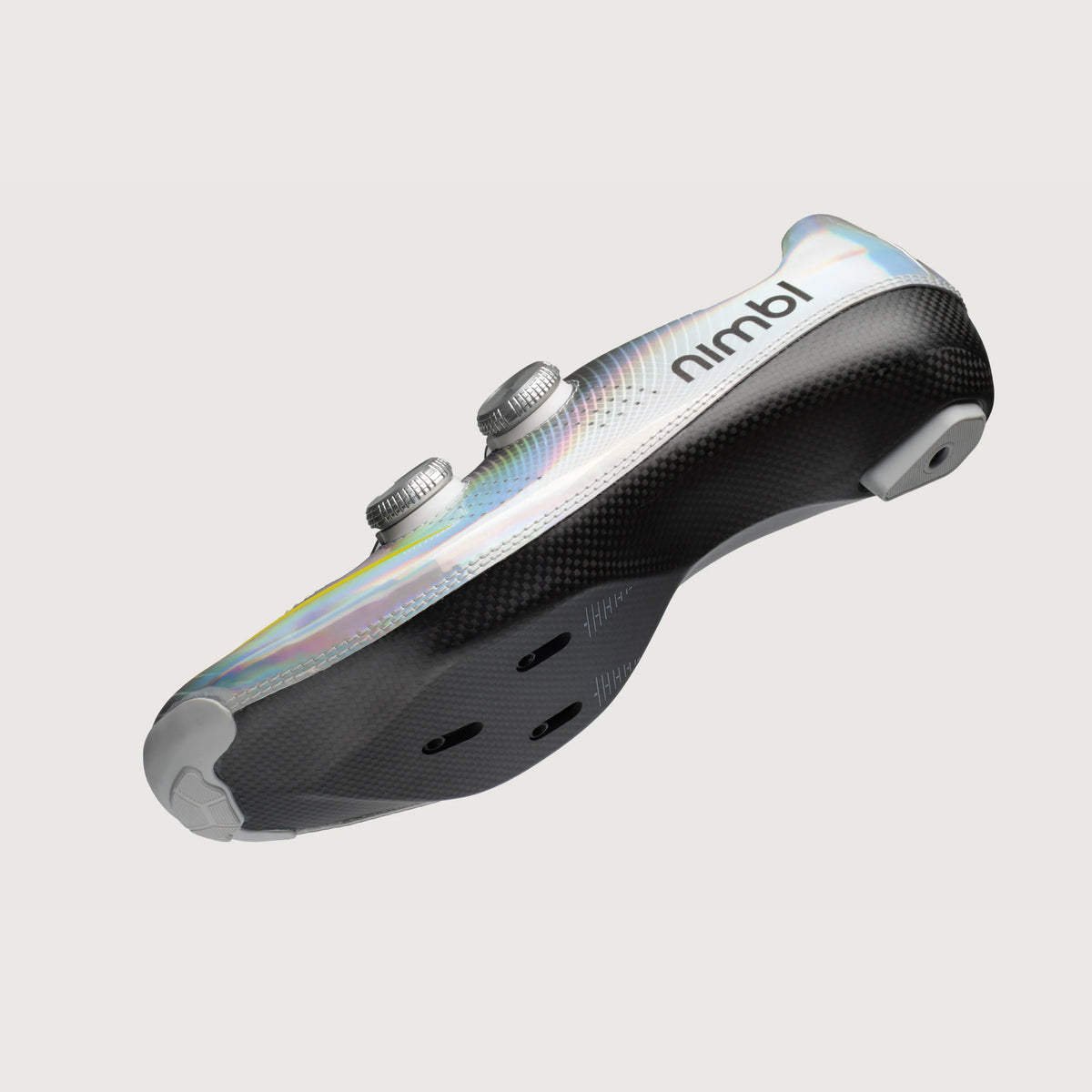 Angled view showing the heel, upper and carbon sole