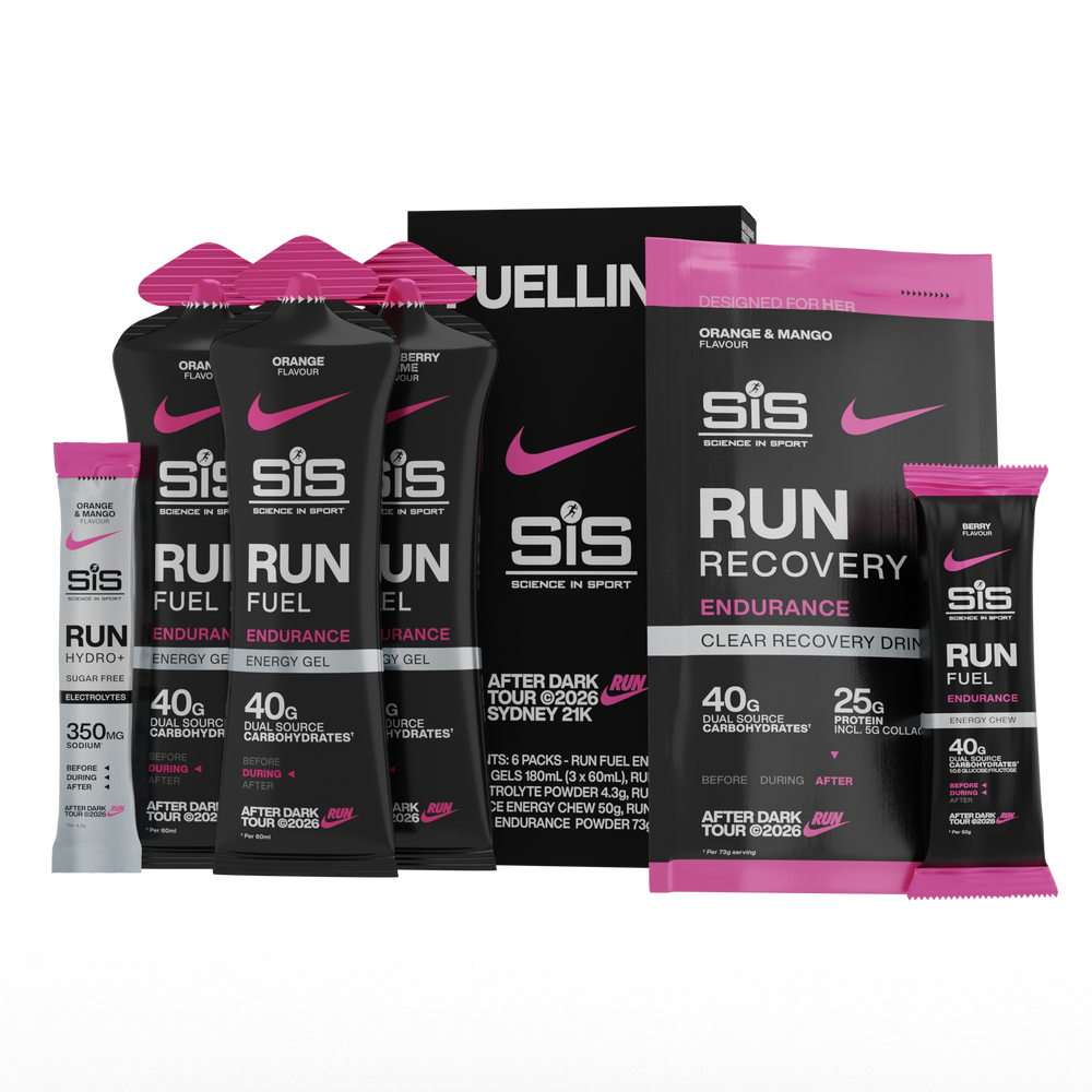 Science in Sport Nike Sydney fuelling pack with included gels, hydration, chew and recovery products